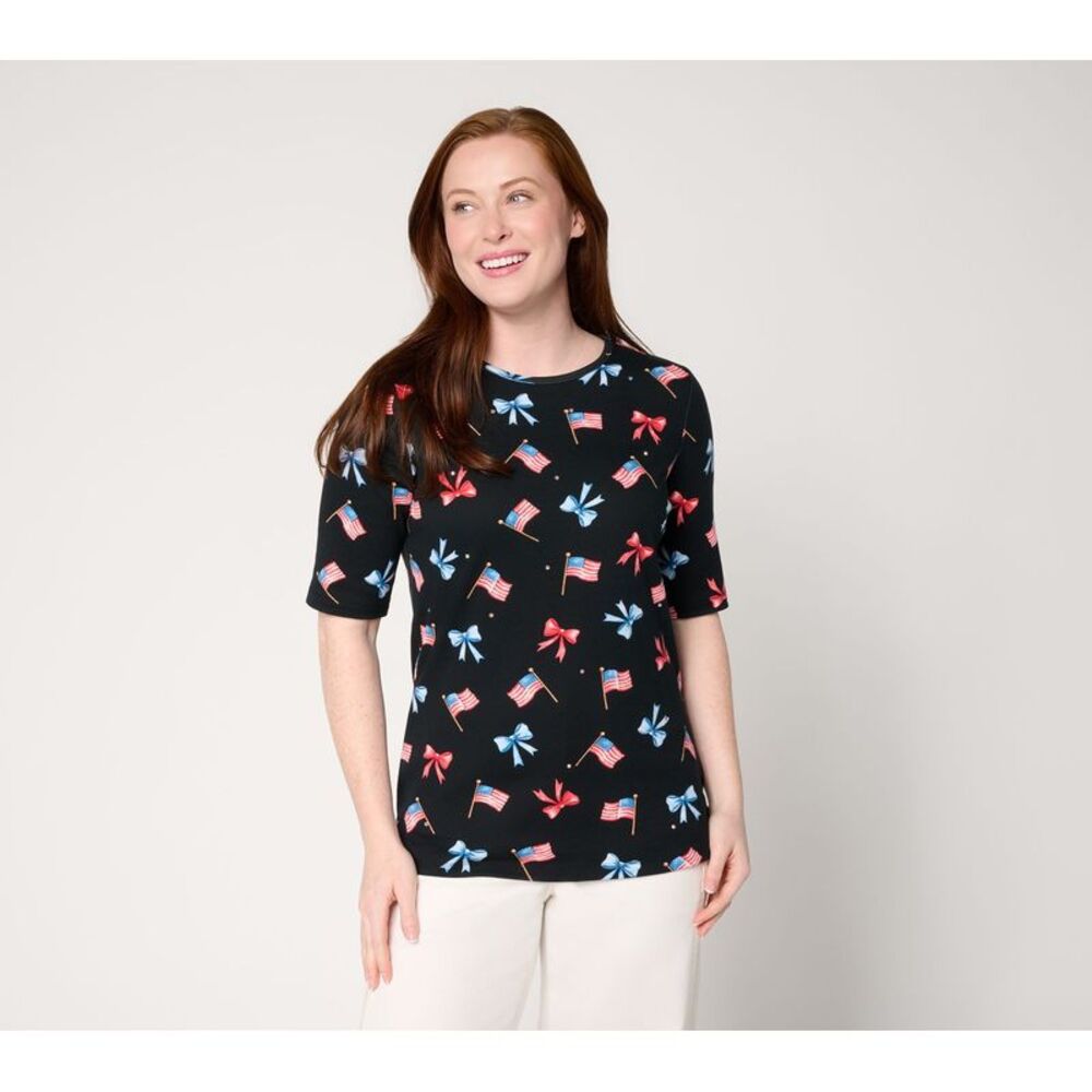 Quacker Factory Women's Top Sz L God Bless America Printed Elbow Black